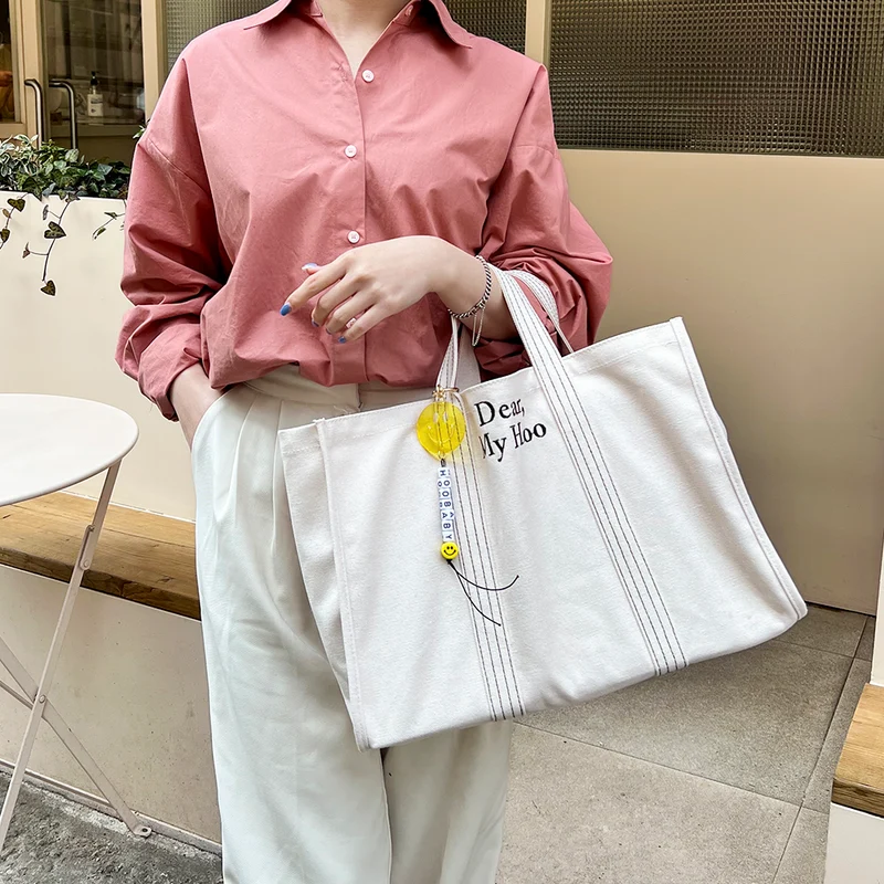Made in Korea 定制間條刺繡字母大帆布袋