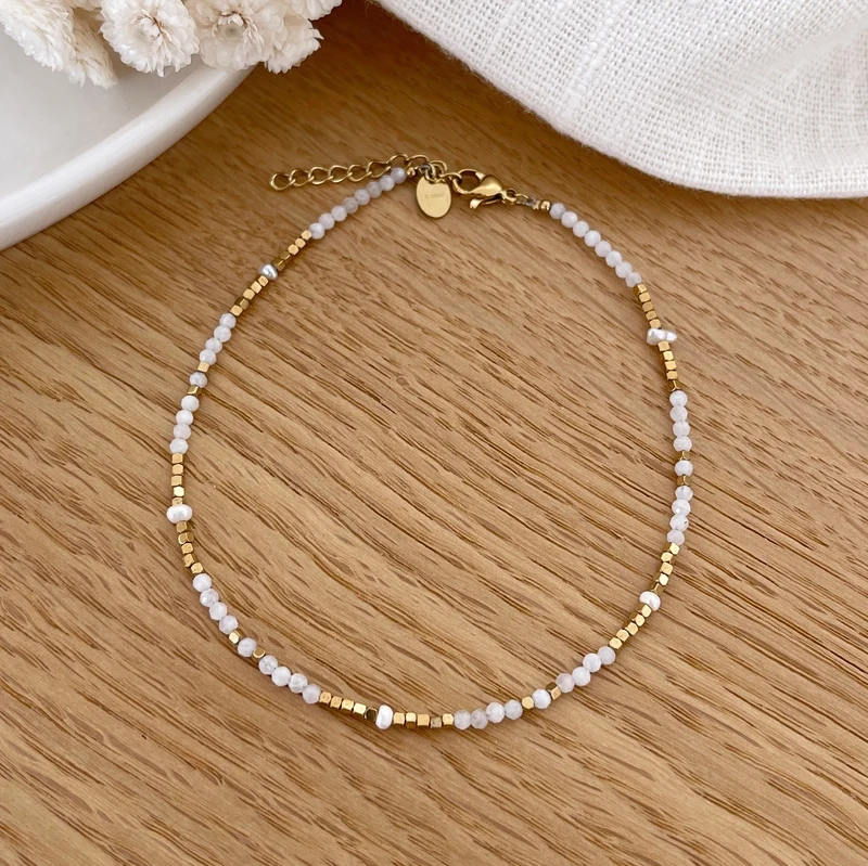 Chaîne de cheville "Wallis" agate blanche acier