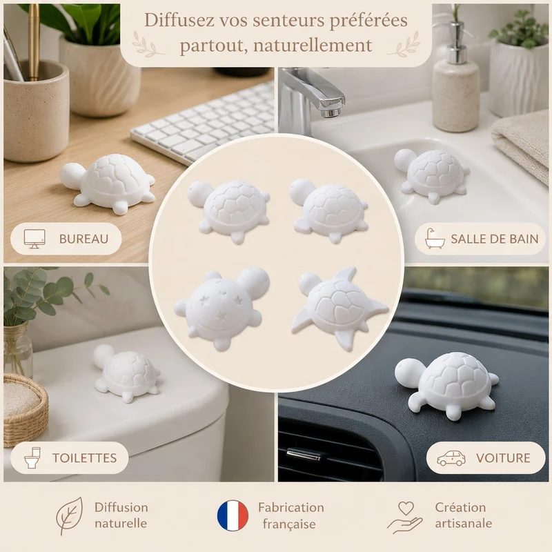 🐢 Lot de 4 diffuseurs de parfum – Tortues en plâtre céramique Fabrication française • Création artisanale