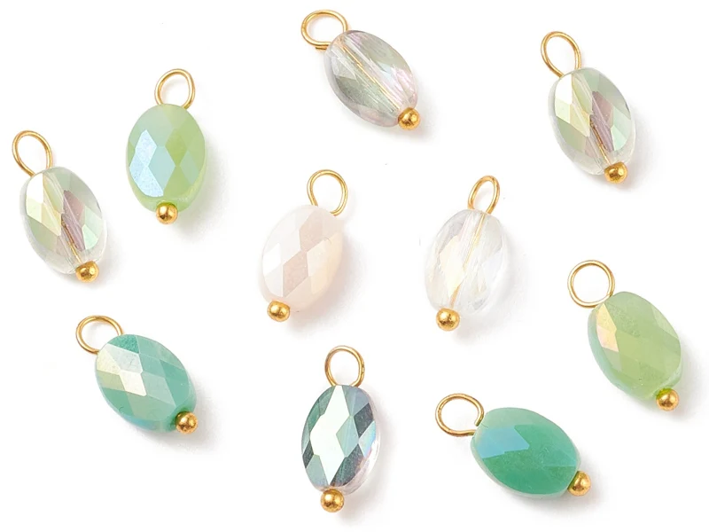 10 pendentifs irisés à facettes en verre - Rond - tons verts - 13 x 6 mm