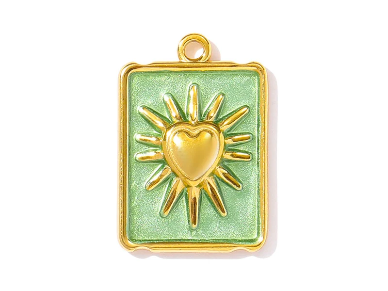 Breloque médaille rectangle avec cœur ex-voto vert d'eau doré à l'or fin