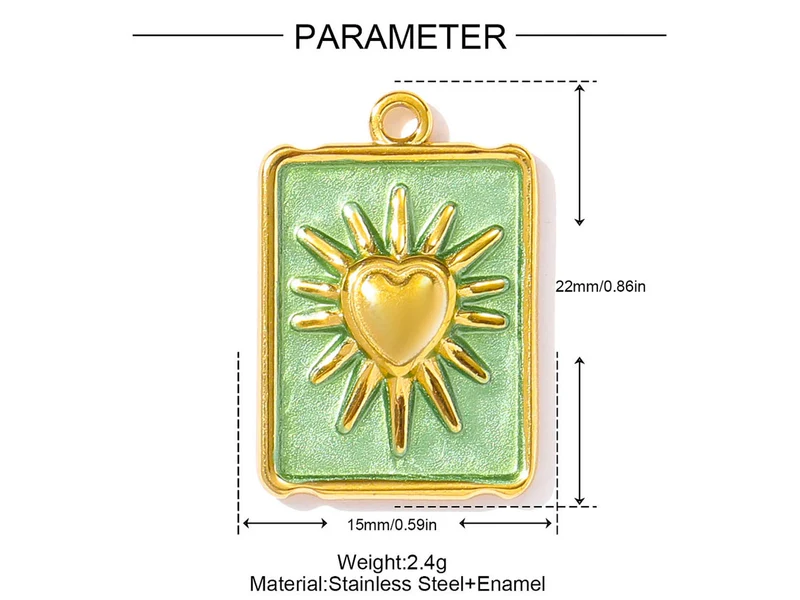 Breloque médaille rectangle avec cœur ex-voto vert d'eau doré à l'or fin