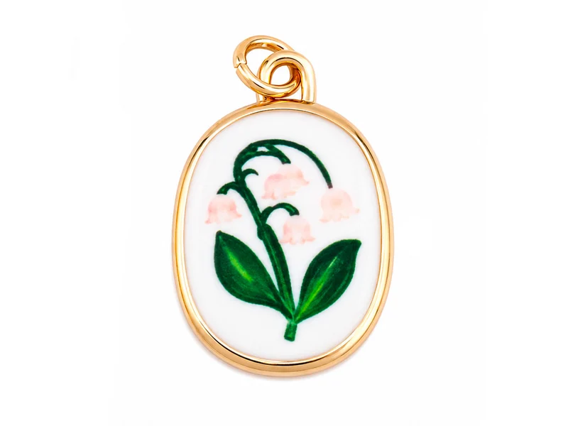 Breloque médaillon fleurs muguet rose pâle doré à l'or fin