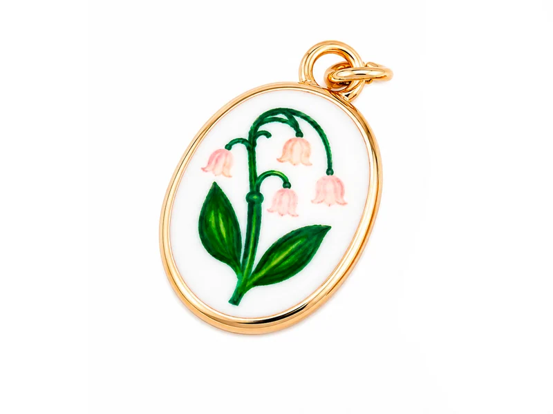 Breloque médaillon fleurs muguet rose pâle doré à l'or fin
