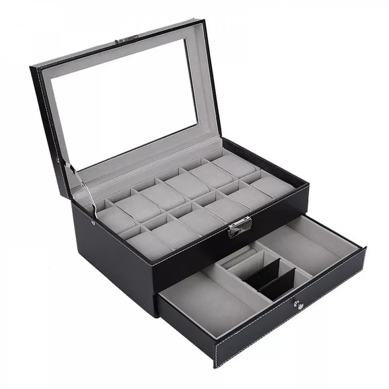 Coffret à montres pour ranger et exposer 12 montres + tiroir pour bijoux