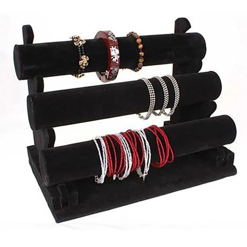 Jonc porte bracelet et montre en velours à 3 rangs noir