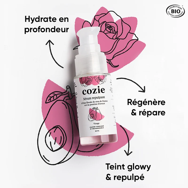 Sérum repulpant à l’eau florale de rose et à la protéine d’avocat