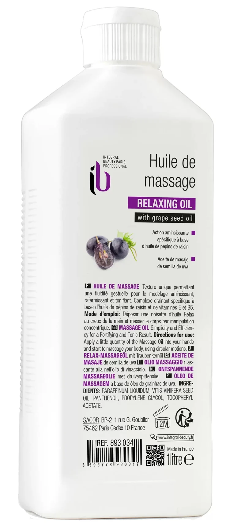 Huile de Modelage Visage et Corps 1L - Pépins de Raisin, Vitamines E et B5