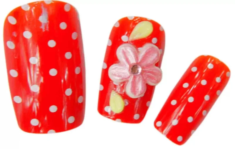 Faux Ongles x24 3D Rouge+Fleurs - IB