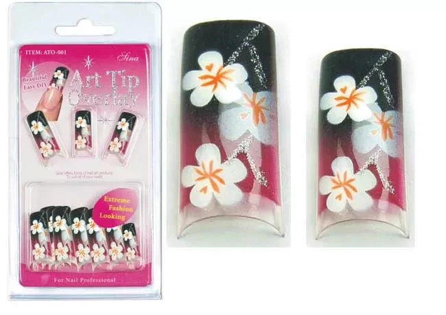 Faux Ongles Overlay-Tip X20 Noir Blanc Fleur - IB