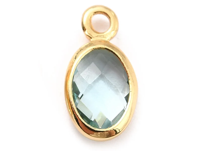 Pendentif ovale serti en verre à facettes - doré à l'or fin 18K - 9 mm - Bleu vert d'eau
