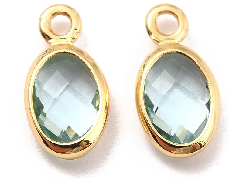 Pendentif ovale serti en verre à facettes - doré à l'or fin 18K - 9 mm - Bleu vert d'eau