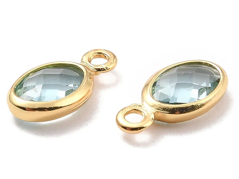 Pendentif ovale serti en verre à facettes - doré à l'or fin 18K - 9 mm - Bleu vert d'eau