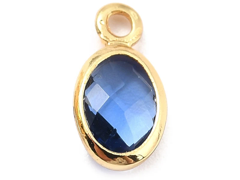 Pendentif ovale serti en verre à facettes - Doré à l'or fin 18K - 9 mm - Bleu