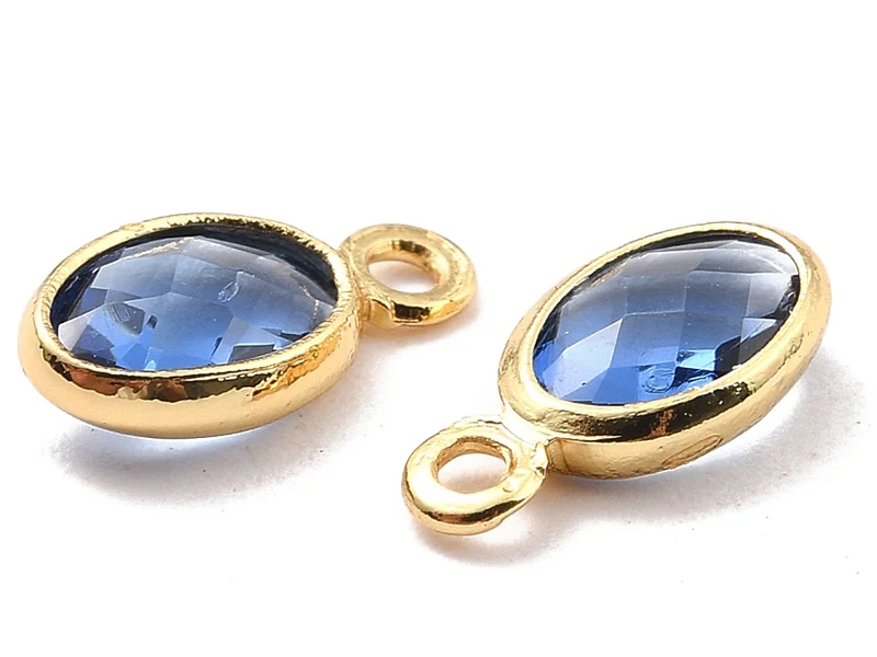 Pendentif ovale serti en verre à facettes - Doré à l'or fin 18K - 9 mm - Bleu