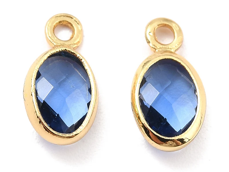 Pendentif ovale serti en verre à facettes - Doré à l'or fin 18K - 9 mm - Bleu