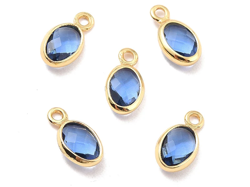 Pendentif ovale serti en verre à facettes - Doré à l'or fin 18K - 9 mm - Bleu