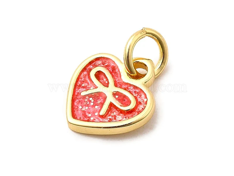 Breloque coeur avec noeud émaillé rouge - Doré à l'or fin 18K