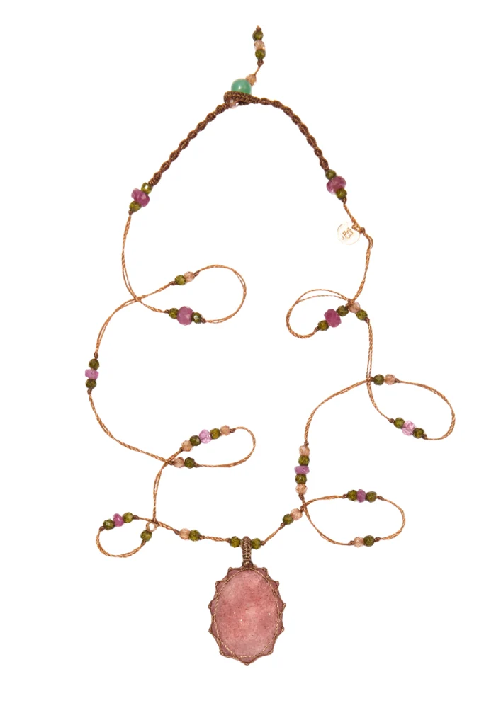 Collier Pendentif Tibétain Pink Quartz