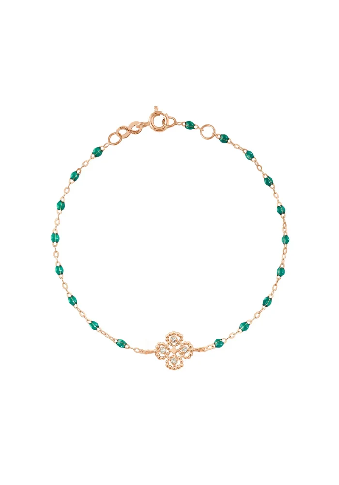 Bracelet Lucky Trèfle Diamant Or Rose Et Résines Émeraude 17cm