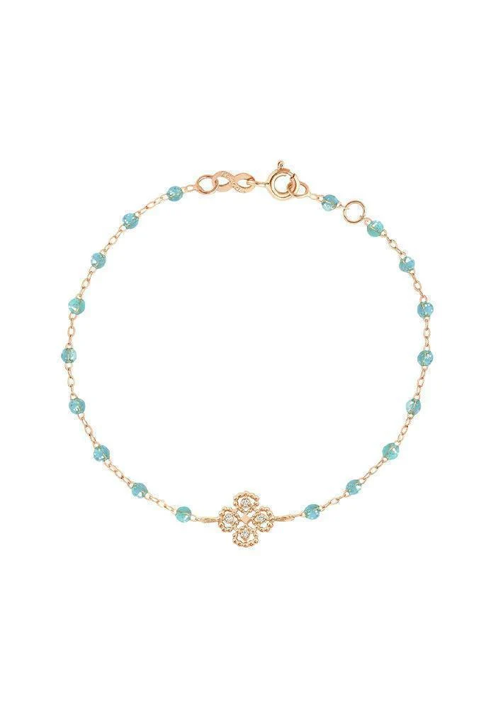 Bracelet Lucky Trèfle Diamant Or Rose Diamant Et Résines Aqua 17cm