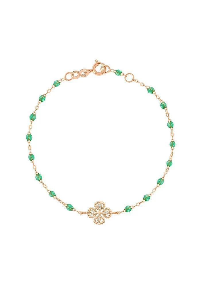 Bracelet Lucky Trèfle Diamant Or Rose Diamant Et Résines Menthe 17cm
