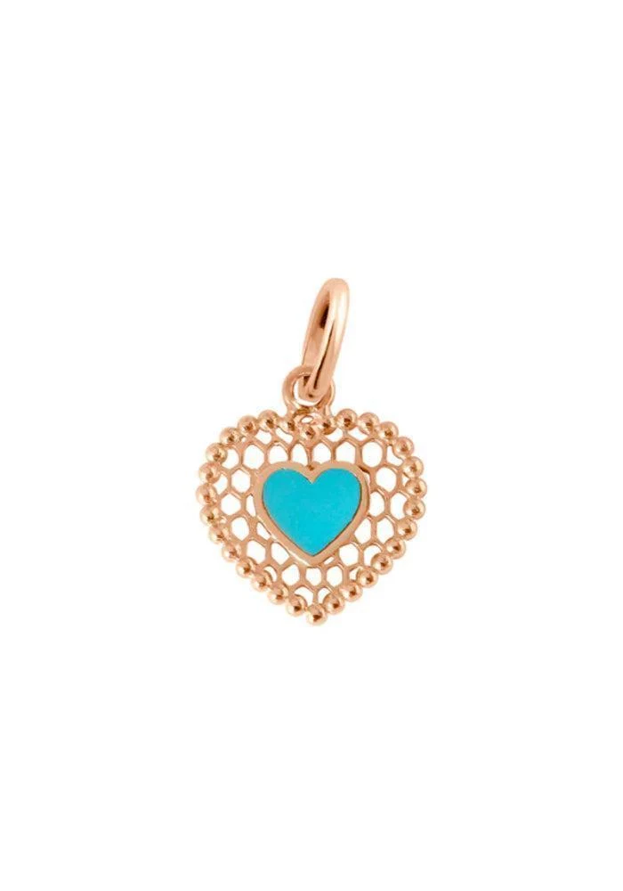 Pendentif Coeur Dentelle Or Rose Résine Turquoise