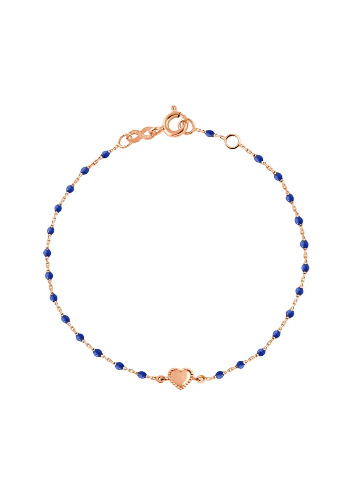 Bracelet Lucky Coeur Or Rose Et Résines Bleu Prusse 17cm