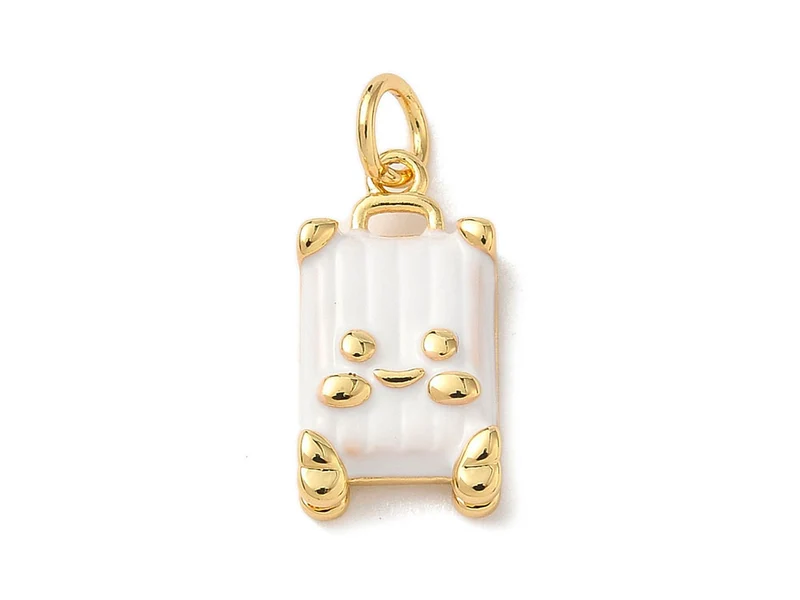 Breloque Valise Mignonne Émaillée Blanc et Doré à l'Or 18k