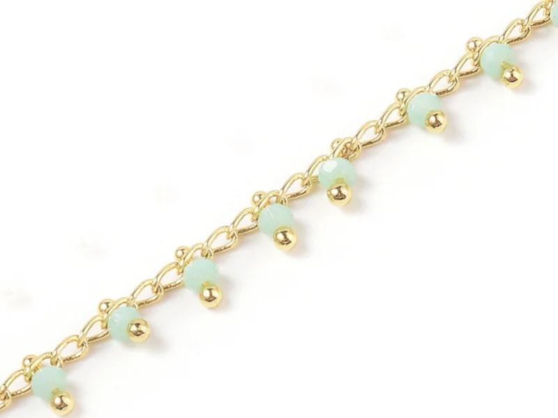 Chaine perles facettes - vert d'eau - doré à l'or fin 18K x 20 cm