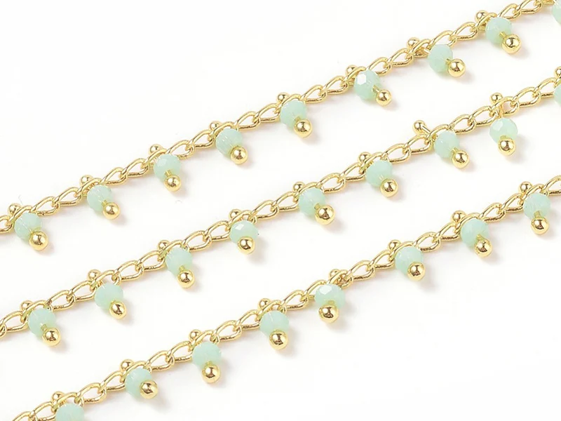 Chaine perles facettes - vert d'eau - doré à l'or fin 18K x 20 cm