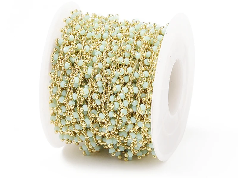 Chaine perles facettes - vert d'eau - doré à l'or fin 18K x 20 cm