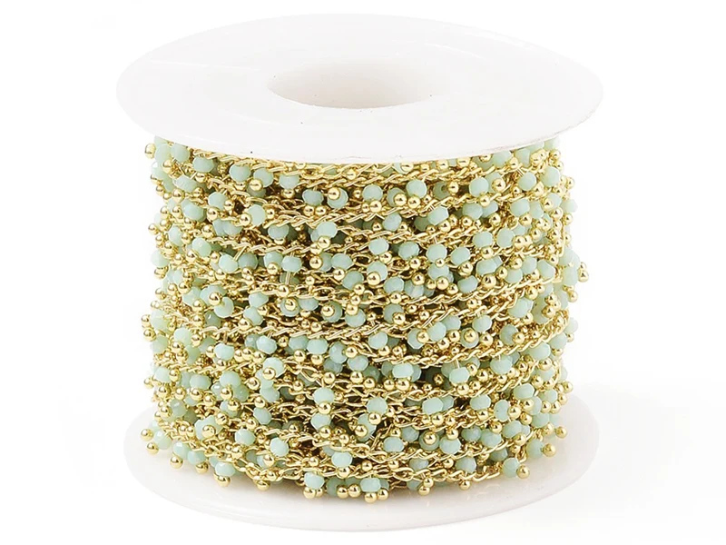 Chaine perles facettes - vert d'eau - doré à l'or fin 18K x 20 cm