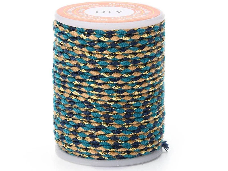 Bobine de 4 m de cordon en coton tressé - Noir, bleu, beige et doré