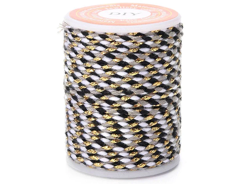 Bobine de 4 m de cordon en coton tressé - Noir, blanc, gris et doré
