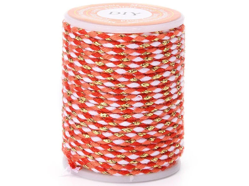 Bobine de 4 m de cordon en coton tressé - Rouge, rose, blanc et doré