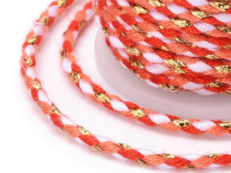 Bobine de 4 m de cordon en coton tressé - Rouge, rose, blanc et doré