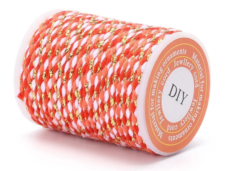 Bobine de 4 m de cordon en coton tressé - Rouge, rose, blanc et doré