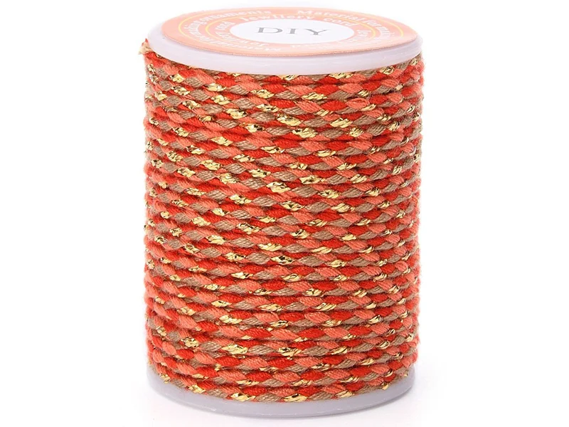 Bobine de 4 m de cordon en coton tressé - Rouge, corail, marron et doré