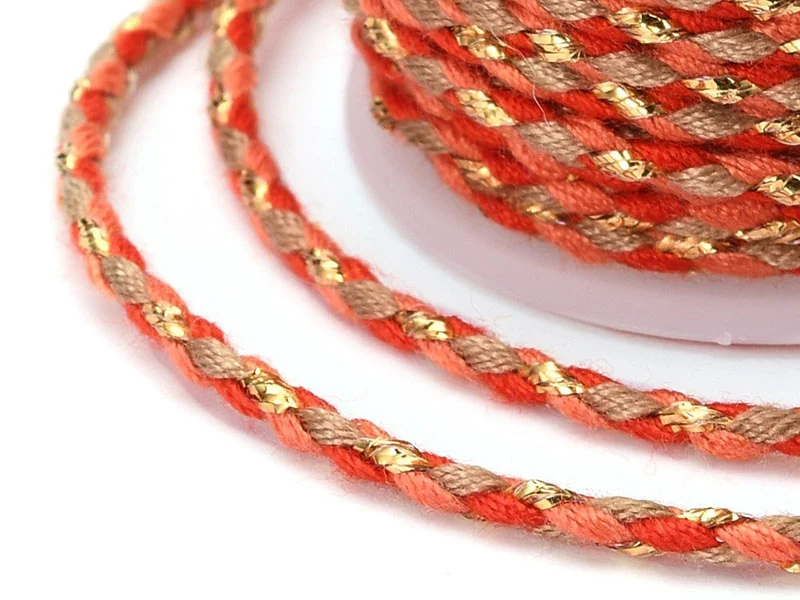 Bobine de 4 m de cordon en coton tressé - Rouge, corail, marron et doré