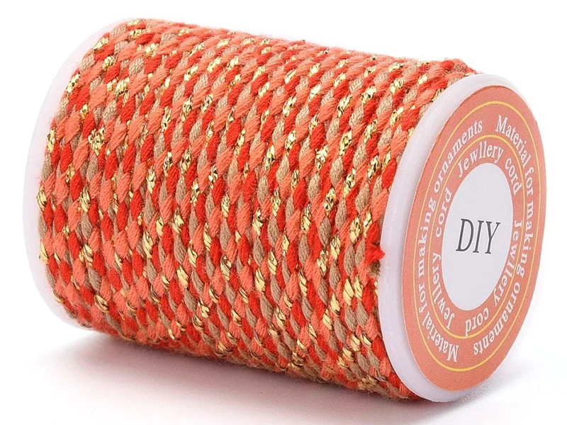 Bobine de 4 m de cordon en coton tressé - Rouge, corail, marron et doré