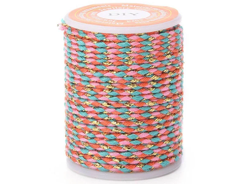 Bobine de 4 m de cordon en coton tressé - Orange, rose, bleu et doré