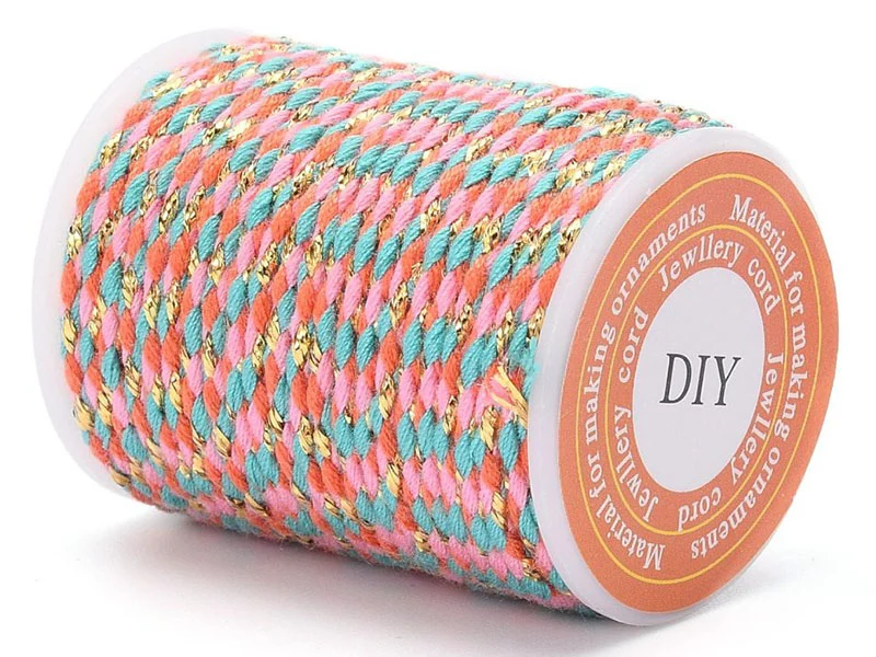 Bobine de 4 m de cordon en coton tressé - Orange, rose, bleu et doré