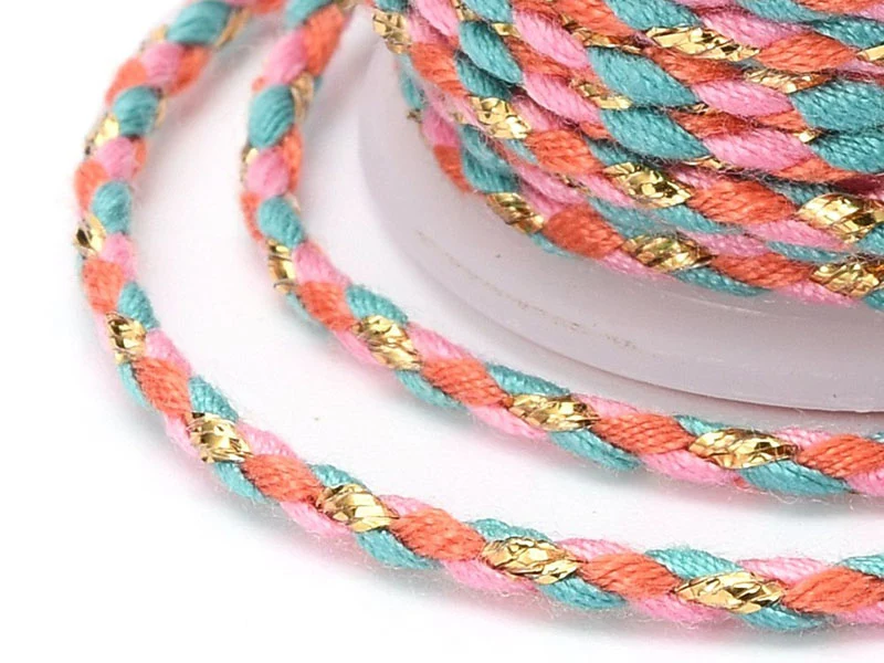 Bobine de 4 m de cordon en coton tressé - Orange, rose, bleu et doré