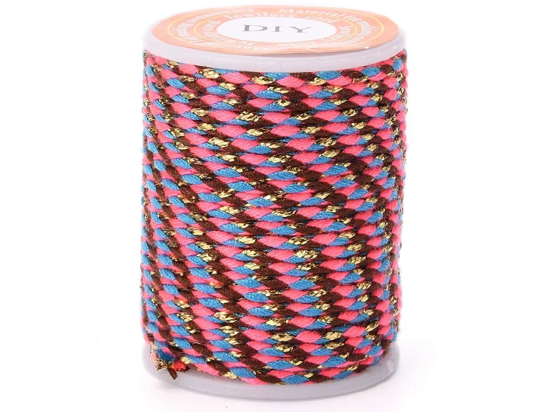 Bobine de 4m de cordon en coton tressé - Marron, rose, bleu et doré