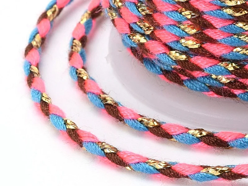 Bobine de 4m de cordon en coton tressé - Marron, rose, bleu et doré
