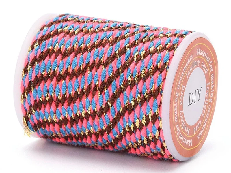 Bobine de 4m de cordon en coton tressé - Marron, rose, bleu et doré