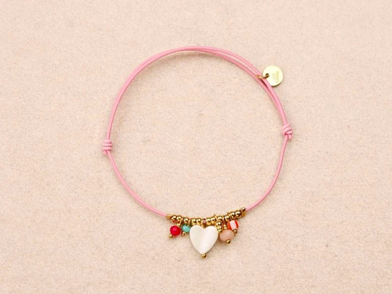 Bracelet élastique rose Coeur nacré - Les Cléias