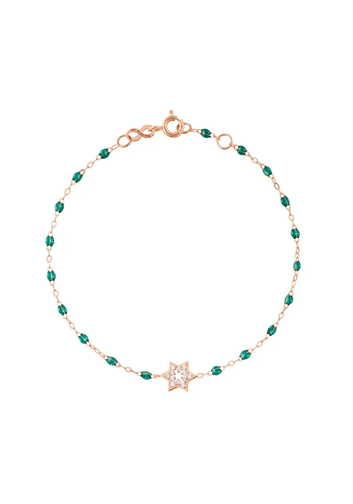 Bracelet Or Rose Etoile De David Diamants Blancs Or Rose Résine Émeraude 17cm