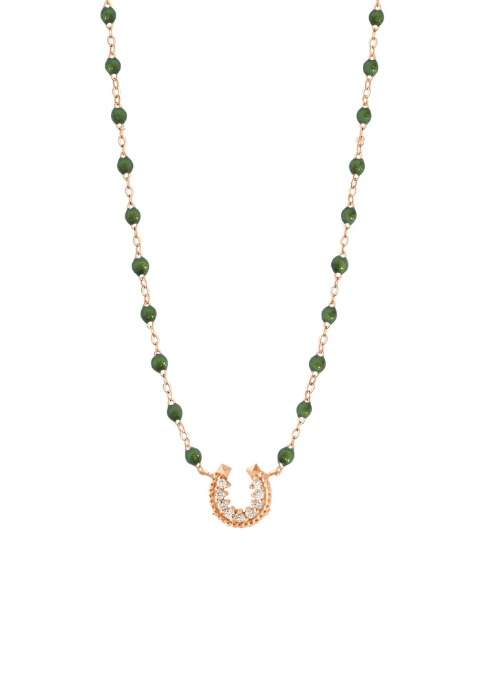 Collier Fer A Cheval Or Rose Diamant Et Résines Scarabée 42cm